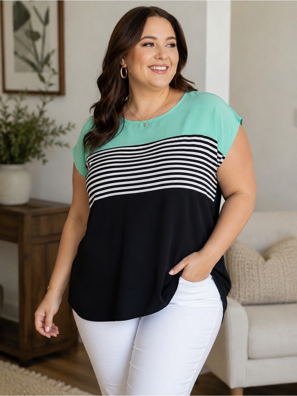 Perch by Blu Pepper 3XL Colorblock Striped Blouse Mint Black White Plus Size